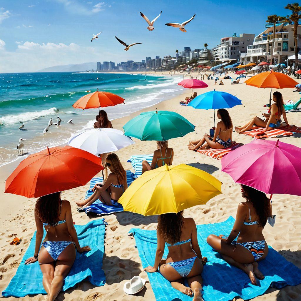 A sunny beach scene featuring diverse models showcasing the latest bikini styles and beach fashion trends. Include vibrant umbrellas, colorful beach towels, and trendy accessories like sunglasses and hats. The atmosphere should be lively with playful waves and seagulls in the background, inviting viewers to feel the summer vibe. super-realistic. vibrant colors. light and bright ambiance.